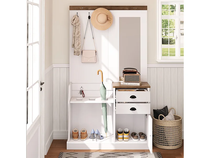 Vestiaire blanc et bois avec miroir, 2 tiroirs, 1 porte, patères et porte-parapluie 110,5x38x191cm
