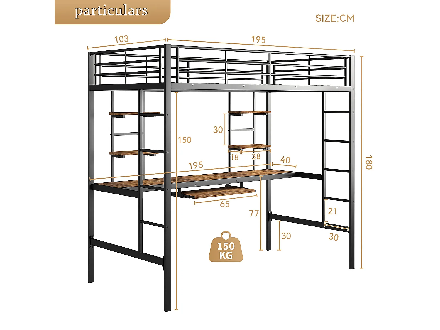 Lit mezzanine enfant 90x190 cm noir avec table, étagère et barrières de sécurité, structure métallique (sans matelas)