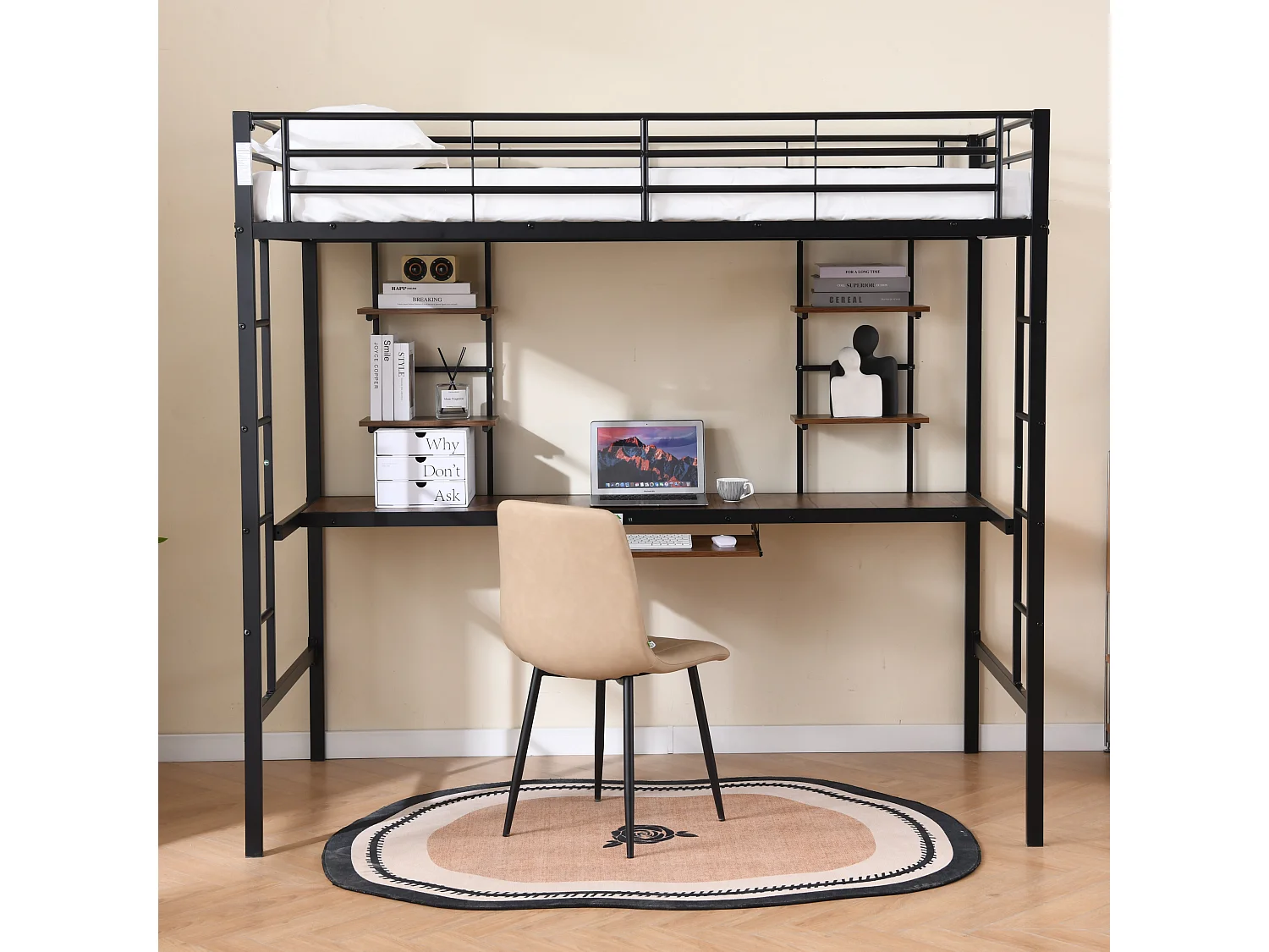 Lit mezzanine enfant 90x190 cm noir avec table, étagère et barrières de sécurité, structure métallique (sans matelas)