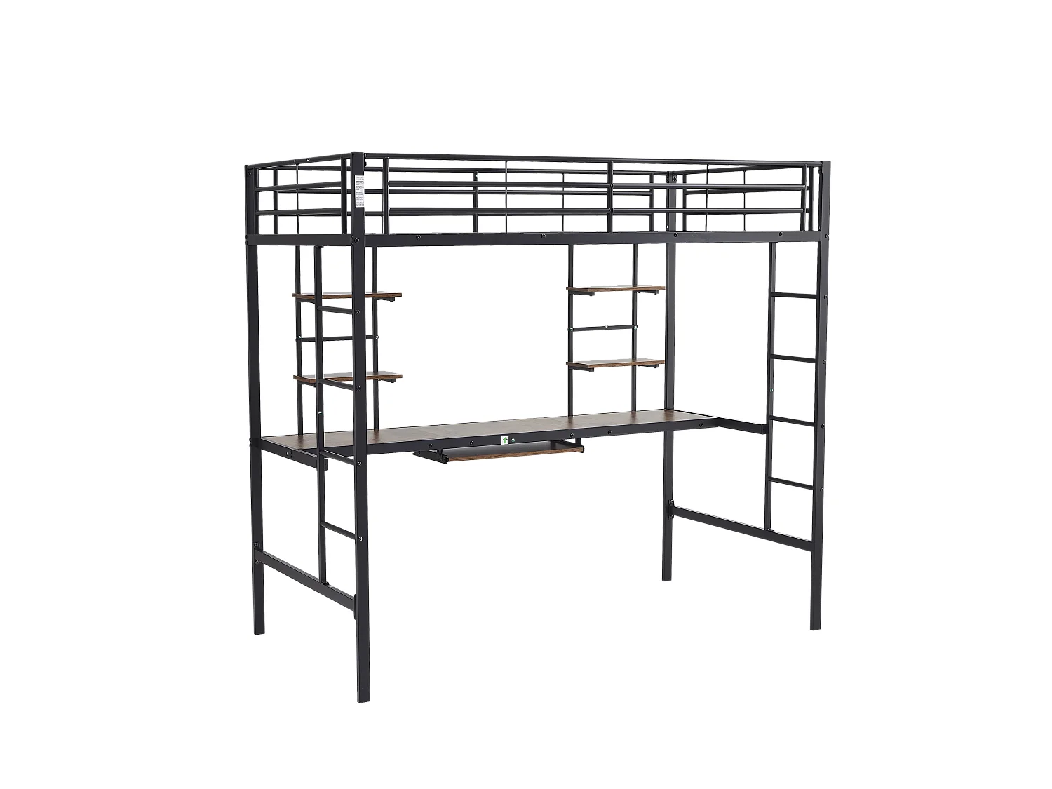 Lit mezzanine enfant 90x190 cm noir avec table, étagère et barrières de sécurité, structure métallique (sans matelas)
