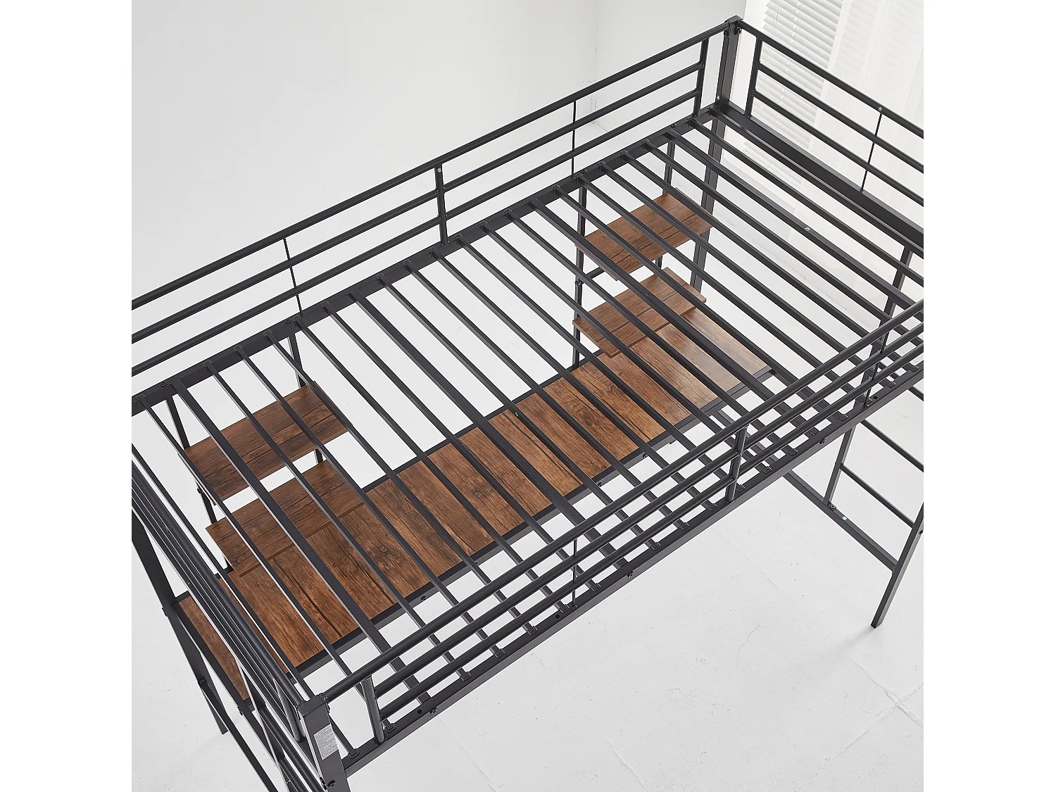 Lit mezzanine enfant 90x190 cm noir avec table, étagère et barrières de sécurité, structure métallique (sans matelas)
