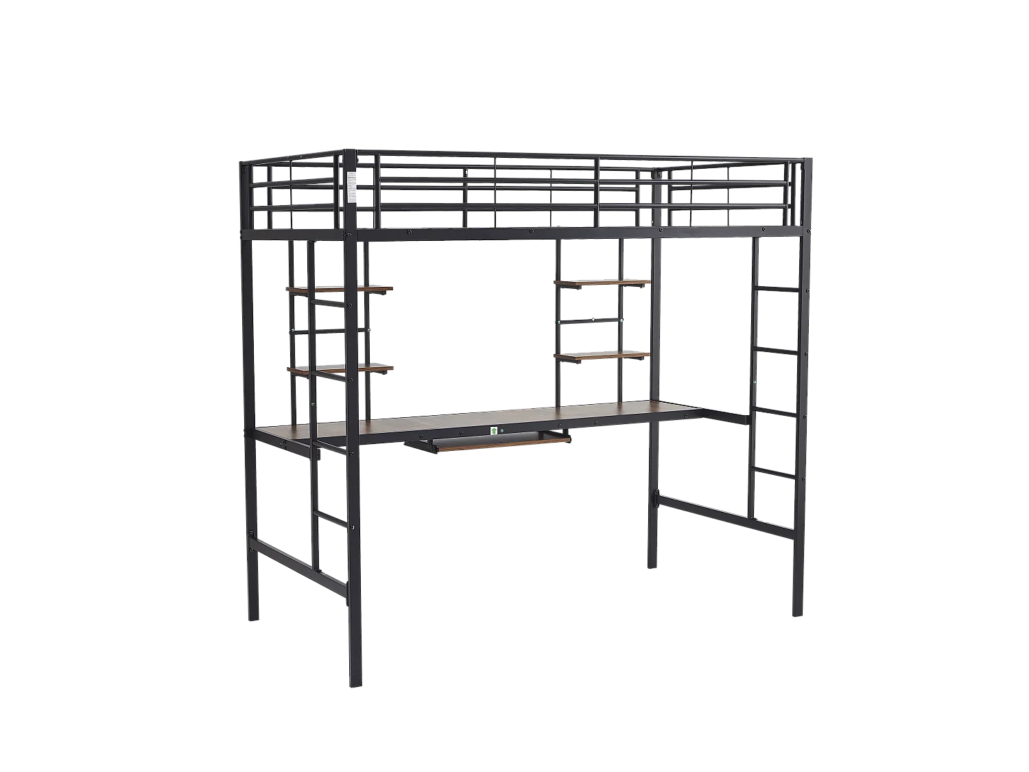 Lit mezzanine enfant 90x190 cm noir avec table, étagère et barrières de sécurité, structure métallique (sans matelas)