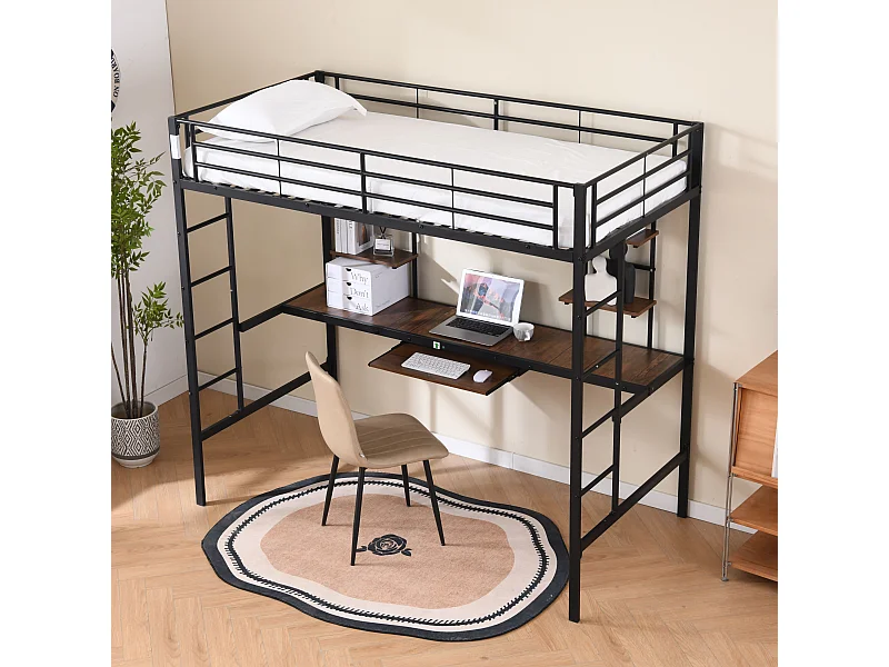 Kinderhoogslaper 90x190 cm zwart met tafel, plank en uitvalbeveiliging, metalen frame (zonder matras)