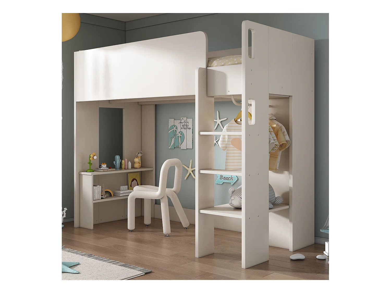 Lit mezzanine blanc 90x200cm avec rangements, penderie, étagères ouvertes et escalier (sans matelas)