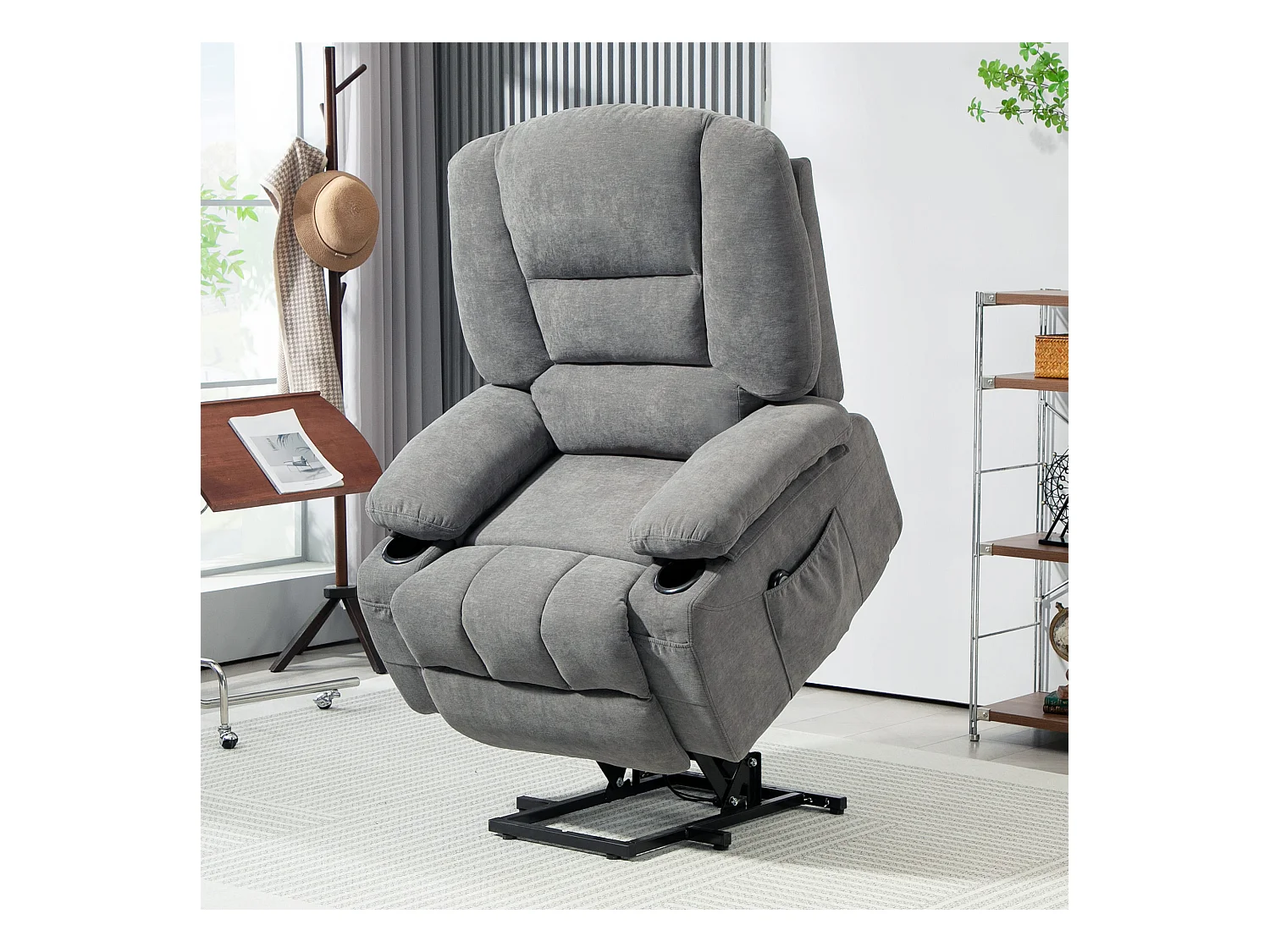 Fauteuil releveur électrique massant chauffant inclinable - repose-pied intégré, 2 télécommandes - tissu gris