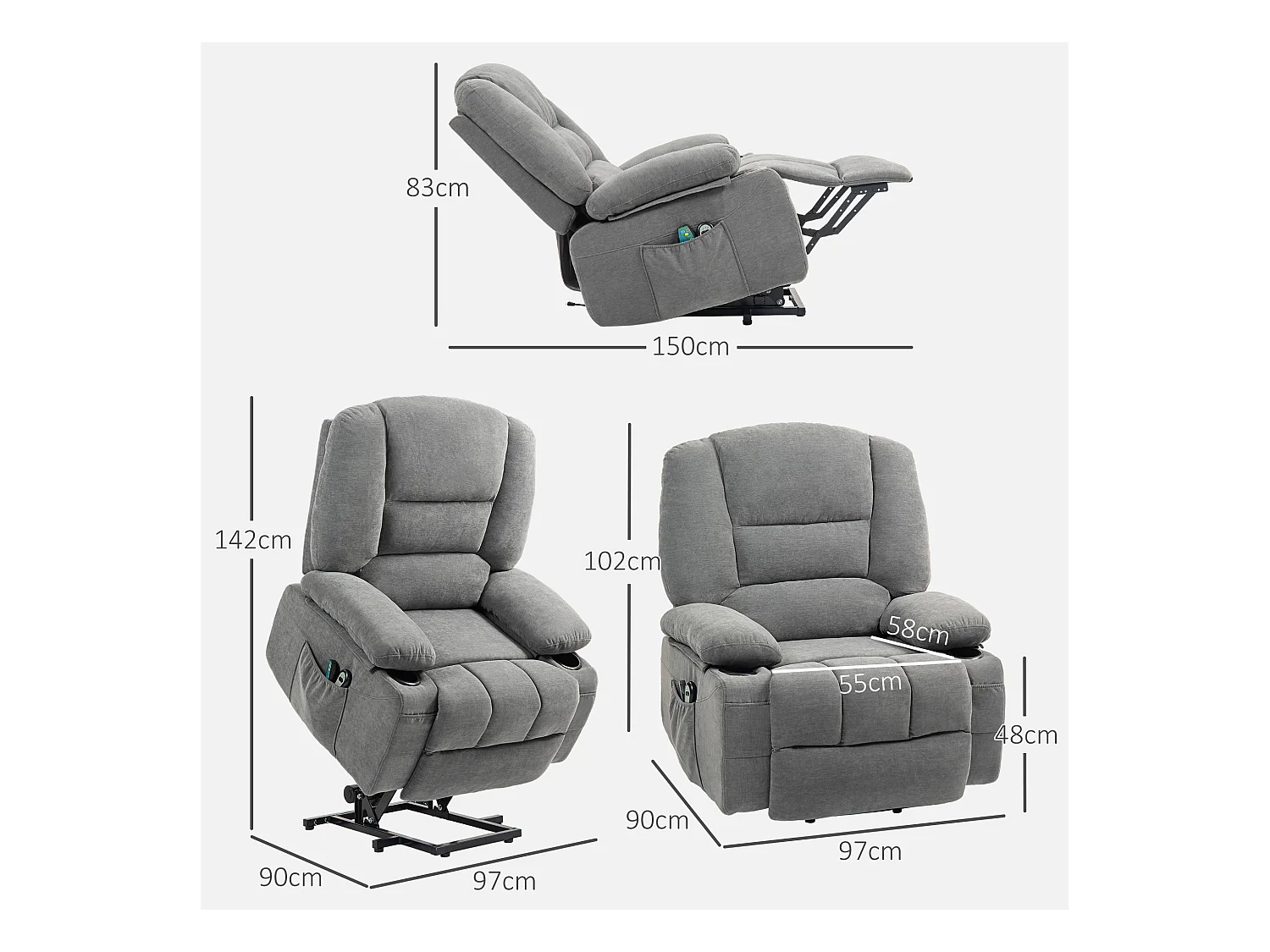 Fauteuil releveur électrique massant chauffant inclinable - repose-pied intégré, 2 télécommandes - tissu gris