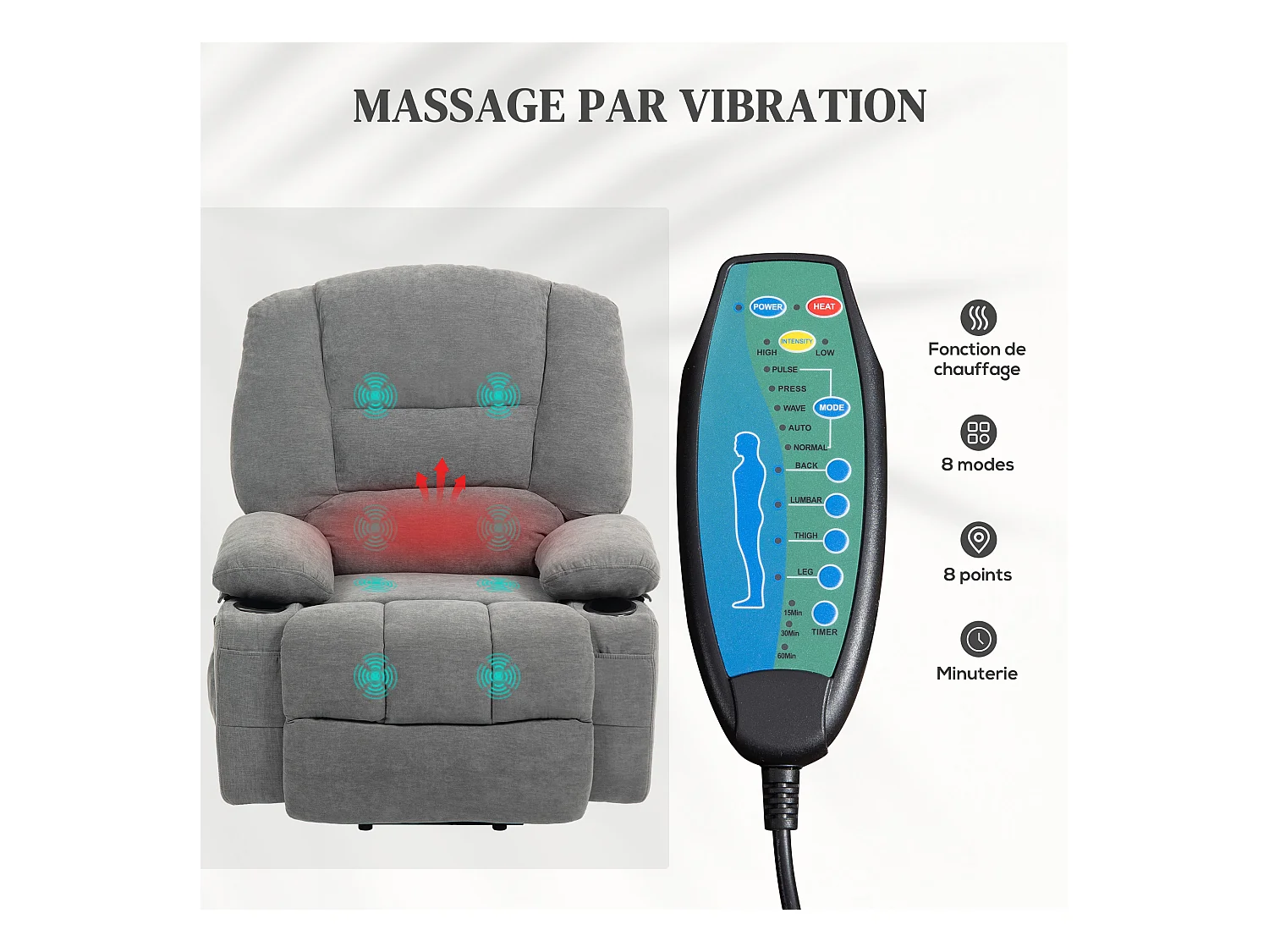 Fauteuil releveur électrique massant chauffant inclinable - repose-pied intégré, 2 télécommandes - tissu gris