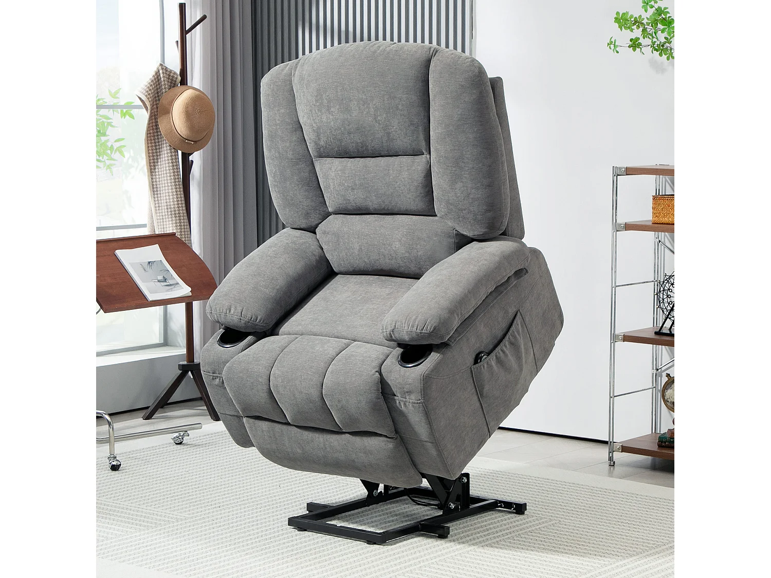 Fauteuil releveur électrique massant chauffant inclinable - repose-pied intégré, 2 télécommandes - tissu gris