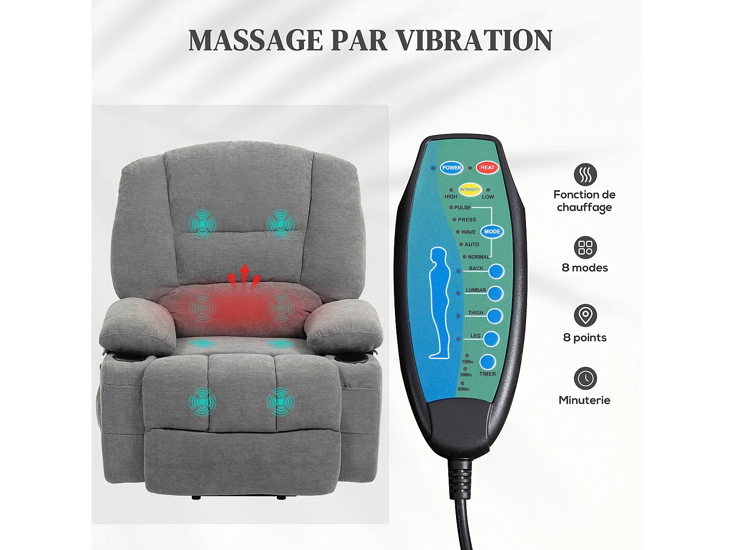 Fauteuil releveur électrique massant chauffant inclinable - repose-pied intégré, 2 télécommandes - tissu gris