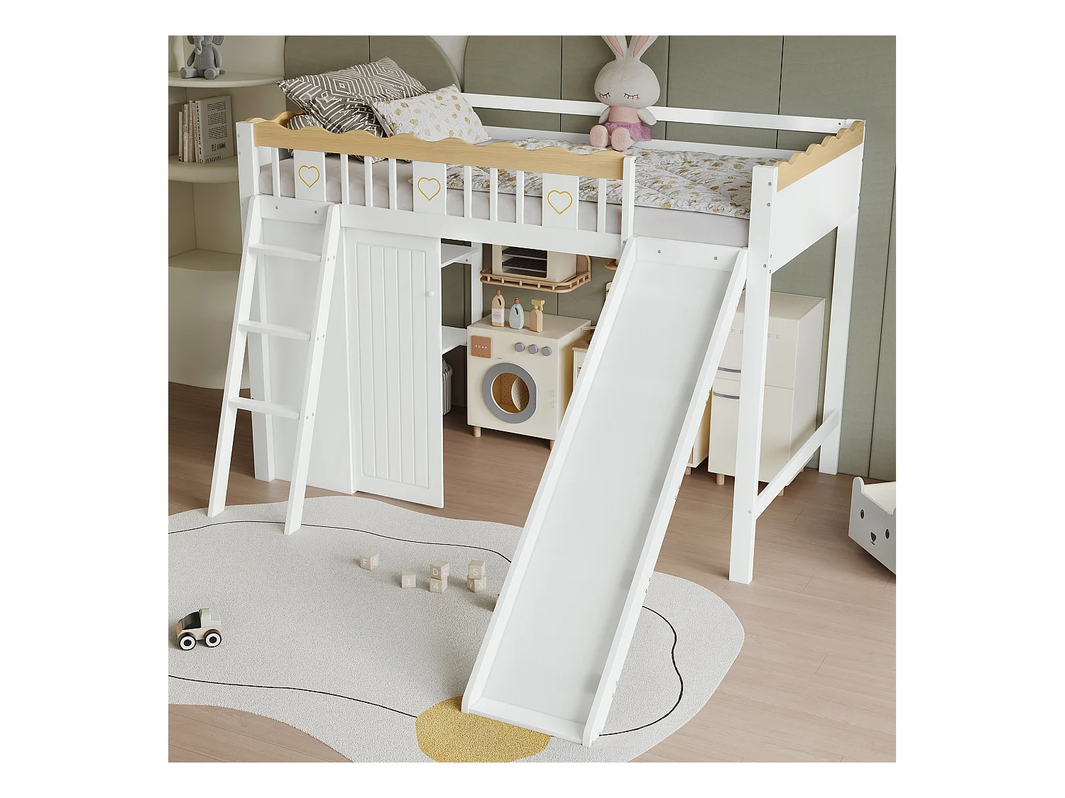 Cama alta infantil blanca y natural de 90x200cm con tobogán, armario y almacenaje, barrera de cuatro lados (sin colchón)