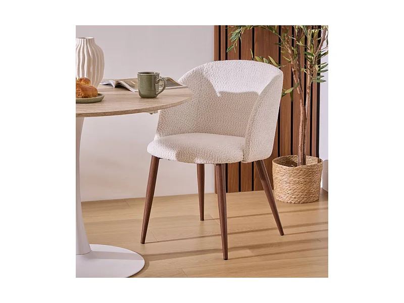 Chaise Céleste bouclette ivoire pieds métal effet noyer Atmosphera