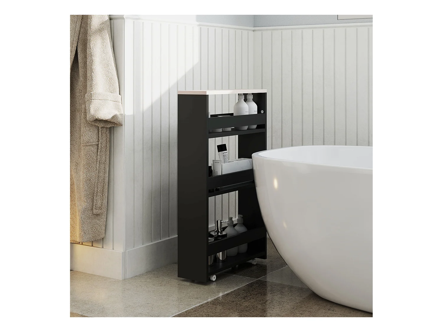 Meuble bas colonne rangement salle de bain à roulettes 3 niveaux dim. 48L x 15l x 80H cm MDF panneaux noir aspect chêne clair