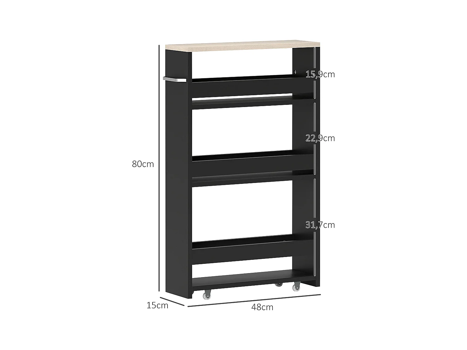 Meuble bas colonne rangement salle de bain à roulettes 3 niveaux dim. 48L x 15l x 80H cm MDF panneaux noir aspect chêne clair