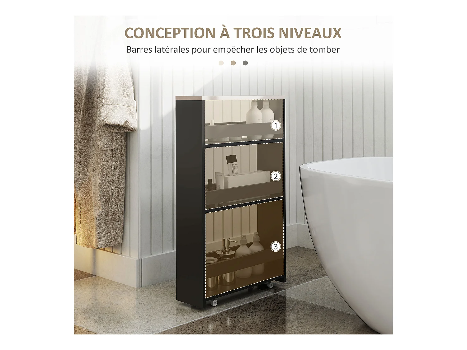 Meuble bas colonne rangement salle de bain à roulettes 3 niveaux dim. 48L x 15l x 80H cm MDF panneaux noir aspect chêne clair