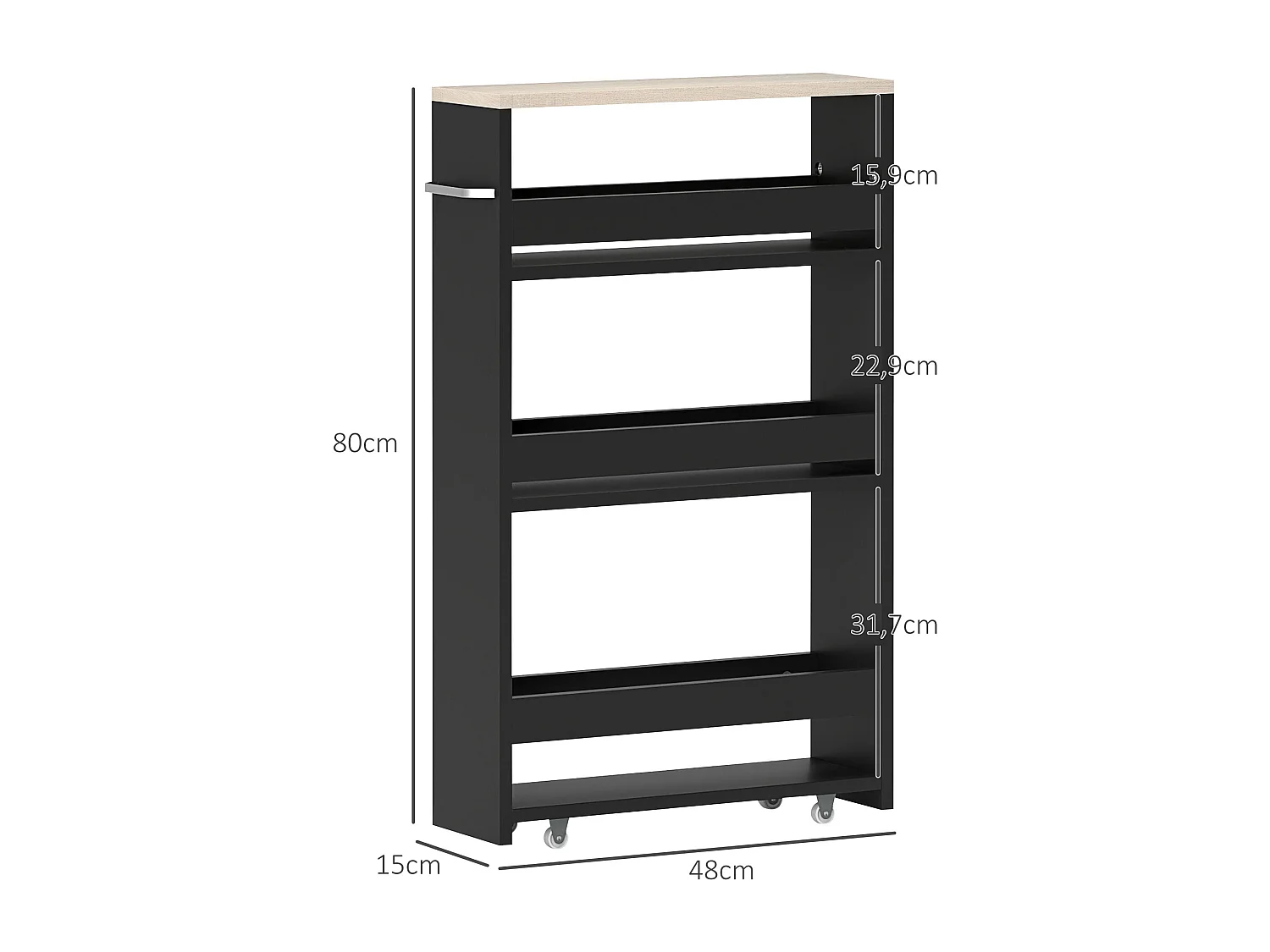 Meuble bas colonne rangement salle de bain à roulettes 3 niveaux dim. 48L x 15l x 80H cm MDF panneaux noir aspect chêne clair