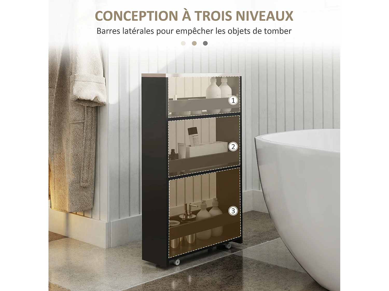 Meuble bas colonne rangement salle de bain à roulettes 3 niveaux dim. 48L x 15l x 80H cm MDF panneaux noir aspect chêne clair