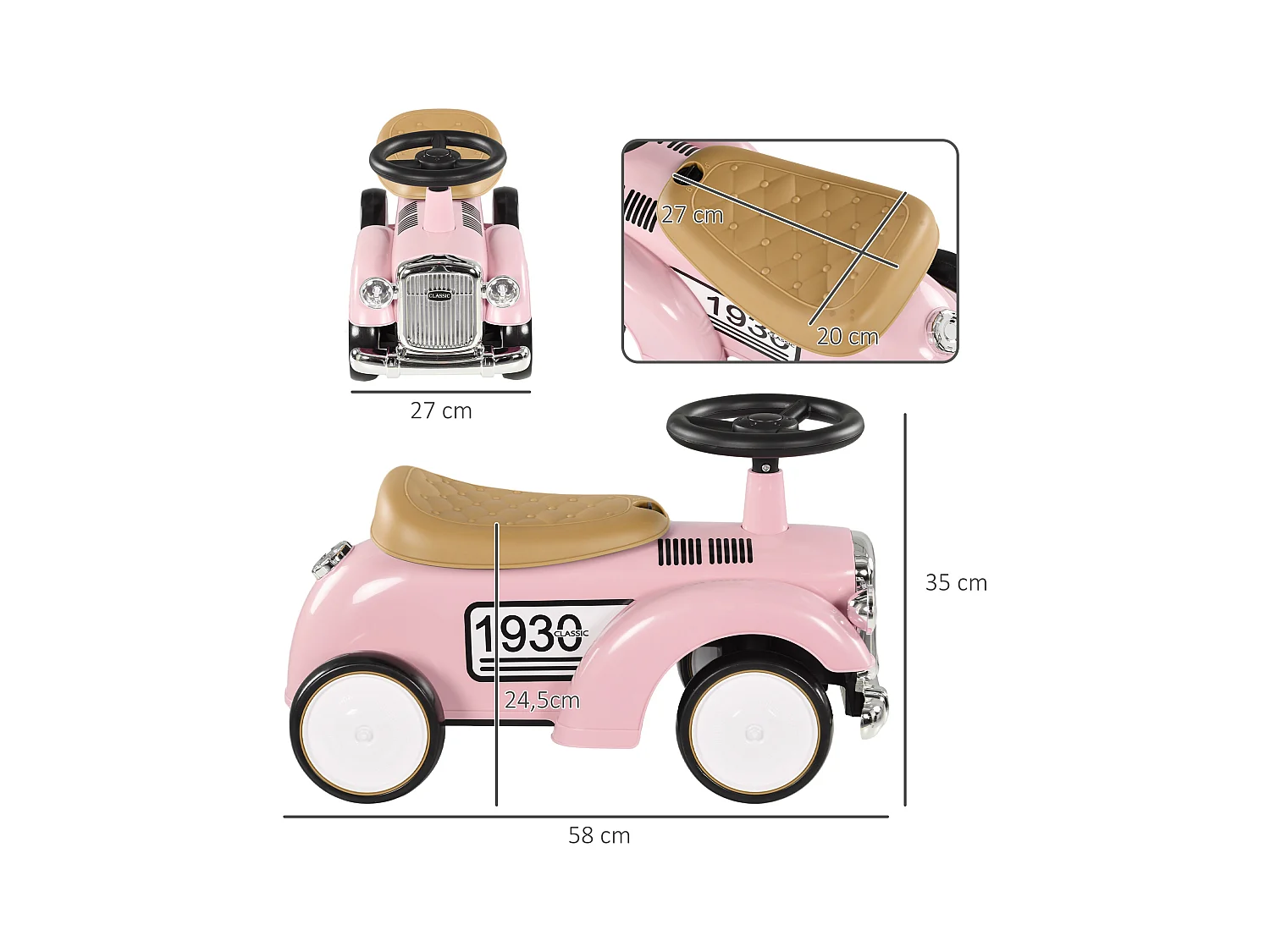 Porteur enfant voiture de collection rétro coffre butée arrière anti-basculement klaxon rose