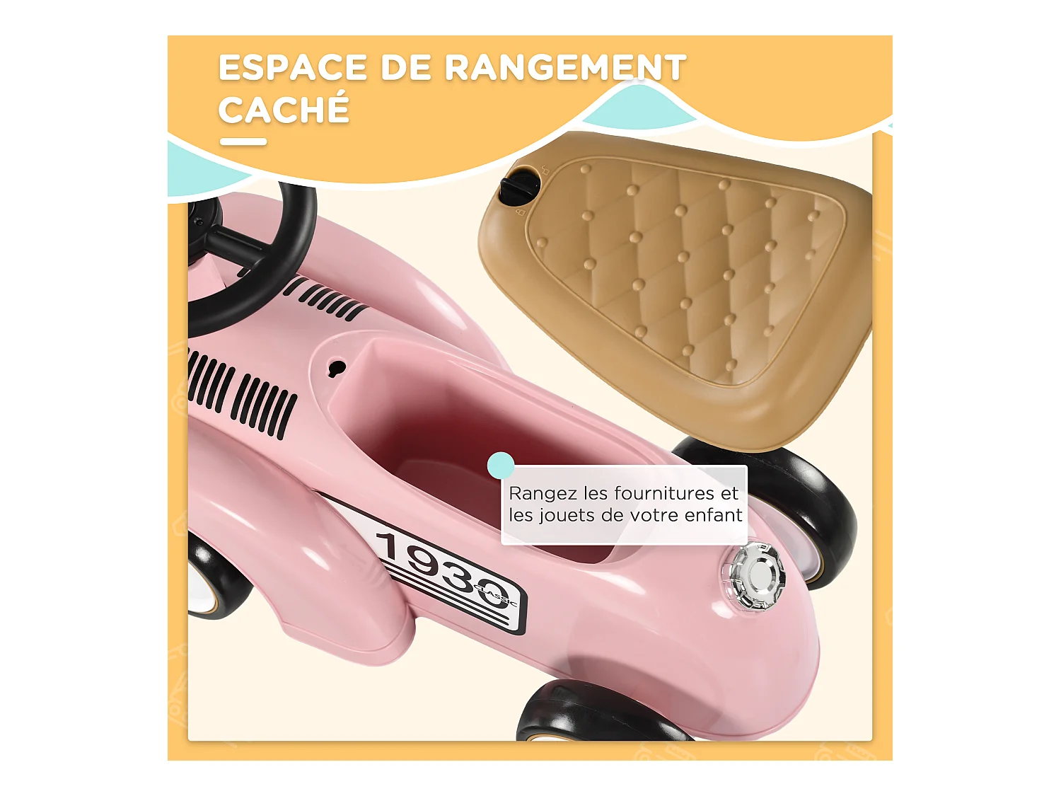 Porteur enfant voiture de collection rétro coffre butée arrière anti-basculement klaxon rose