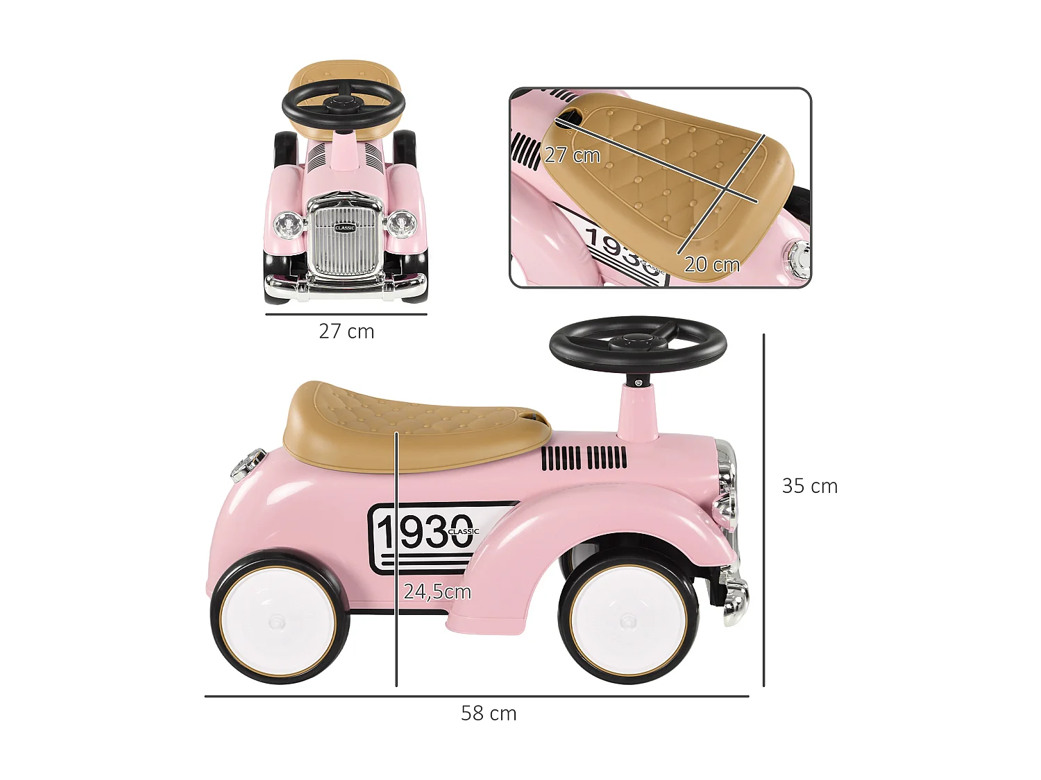 Porteur enfant voiture de collection rétro coffre butée arrière anti-basculement klaxon rose