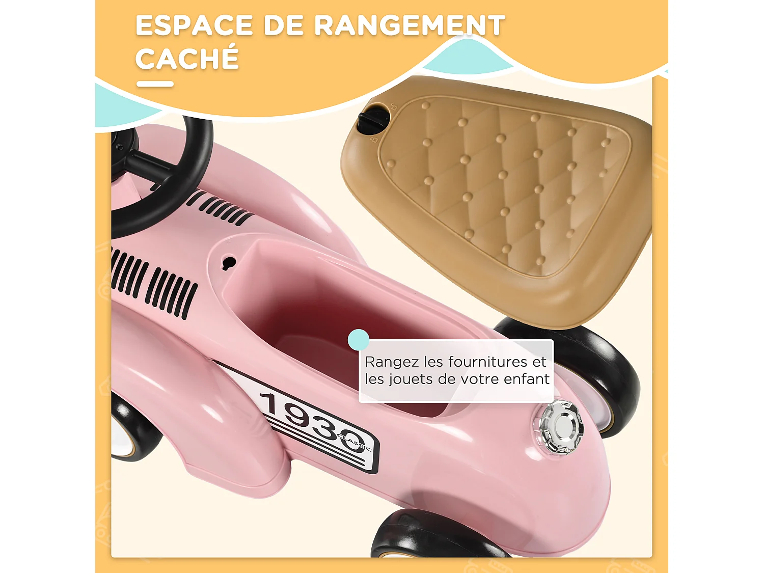 Porteur enfant voiture de collection rétro coffre butée arrière anti-basculement klaxon rose