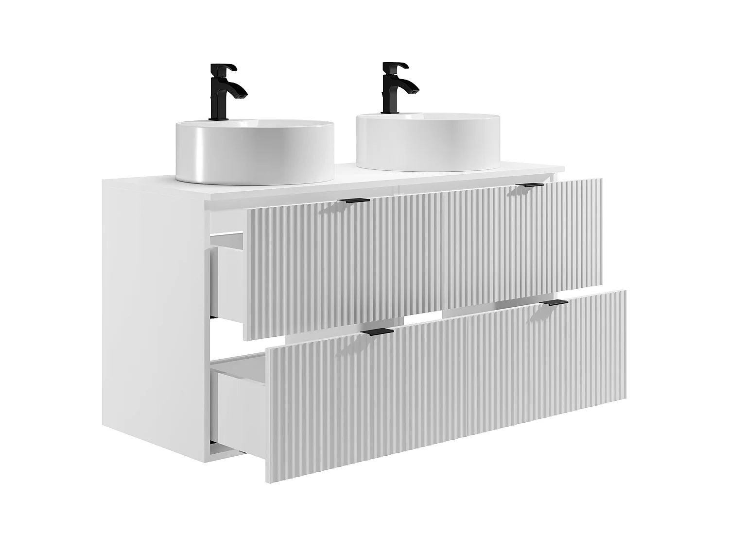 Meuble de salle de bain suspendu strié avec vasque à poser ronde - Blanc mat - 120 cm - ZEVINI