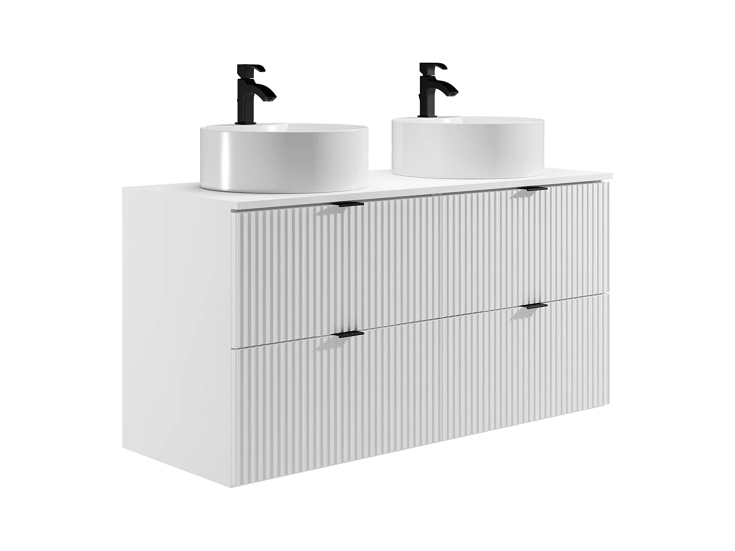 Meuble de salle de bain suspendu strié avec vasque à poser ronde - Blanc mat - 120 cm - ZEVINI