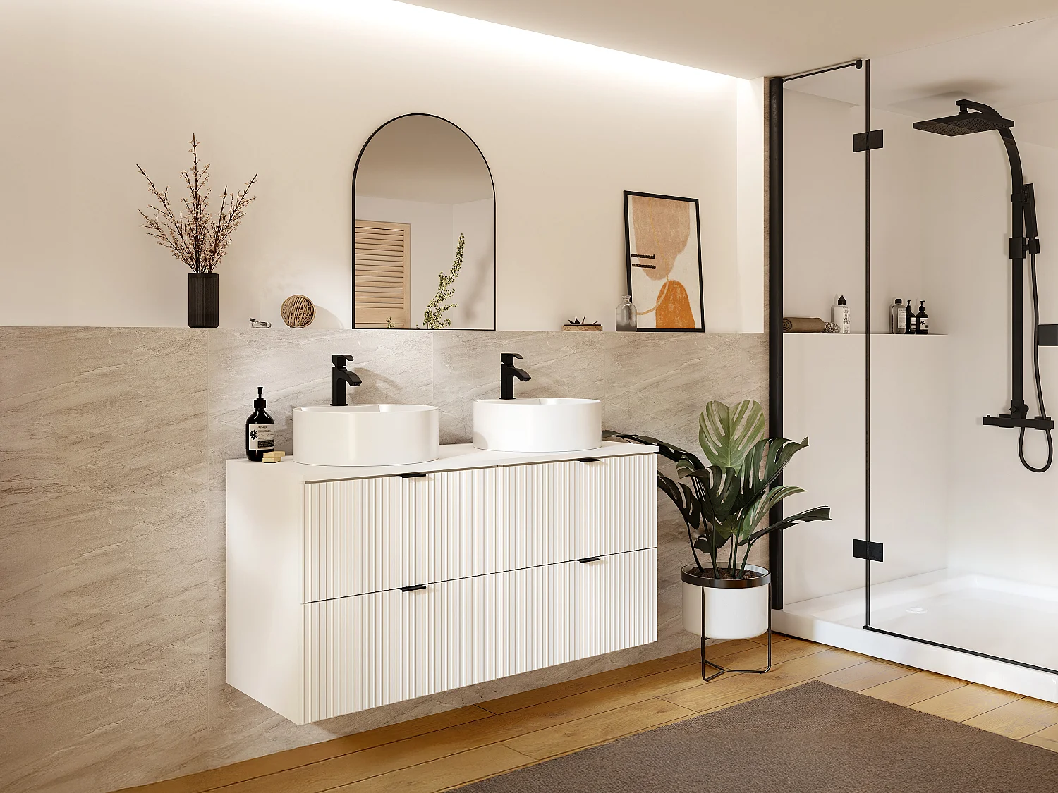 Meuble de salle de bain suspendu strié avec vasque à poser ronde - Blanc mat - 120 cm - ZEVINI
