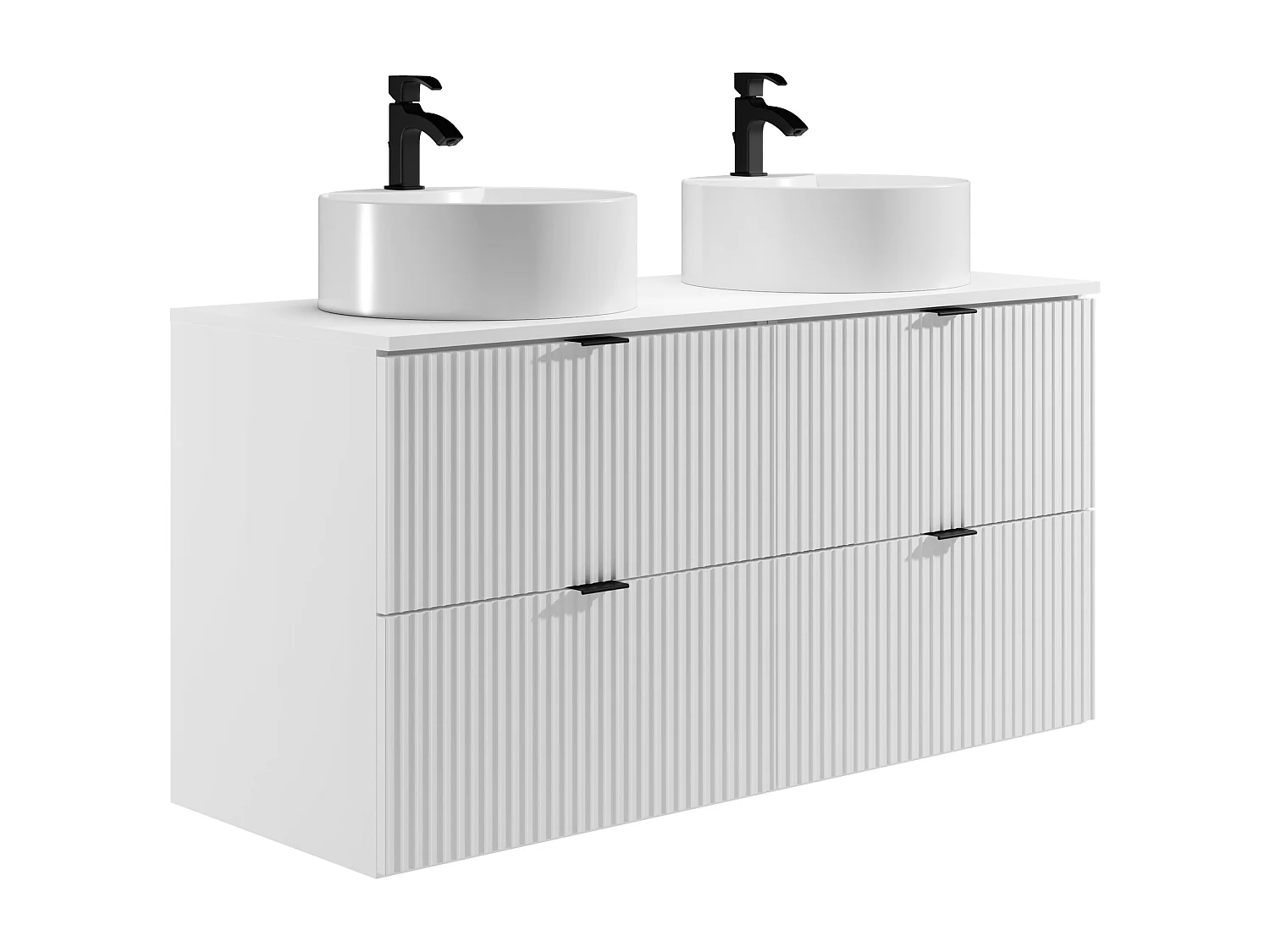 Meuble de salle de bain suspendu strié avec vasque à poser ronde - Blanc mat - 120 cm - ZEVINI