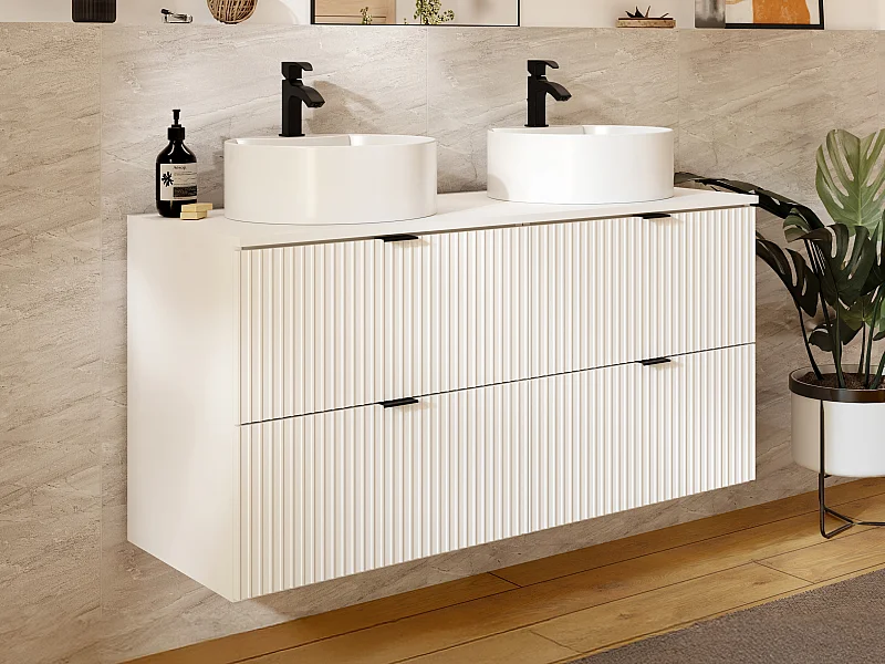 Meuble de salle de bain suspendu strié avec vasque à poser ronde - Blanc mat - 120 cm - ZEVINI