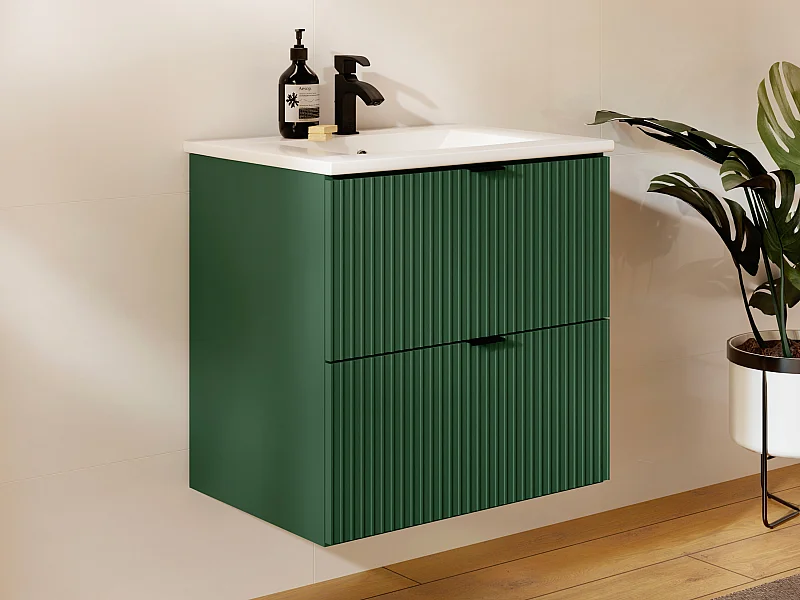 Mueble de baño suspendido estriado con lavabo encastrado - Verde mate - 60 cm - ZEVINI