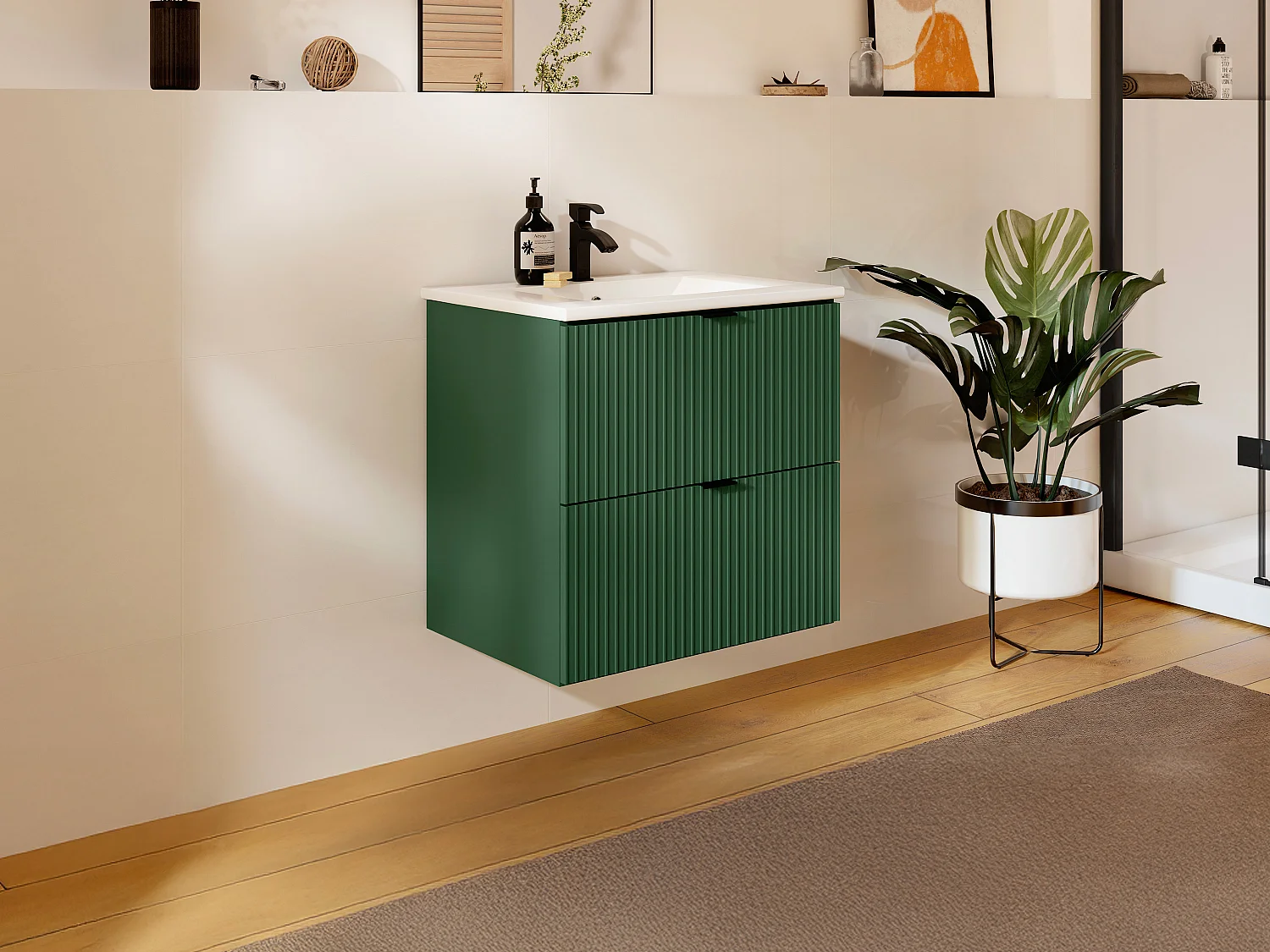 Meuble de salle de bain suspendu strié avec vasque à encastrer - Vert mat - 60 cm - ZEVINI