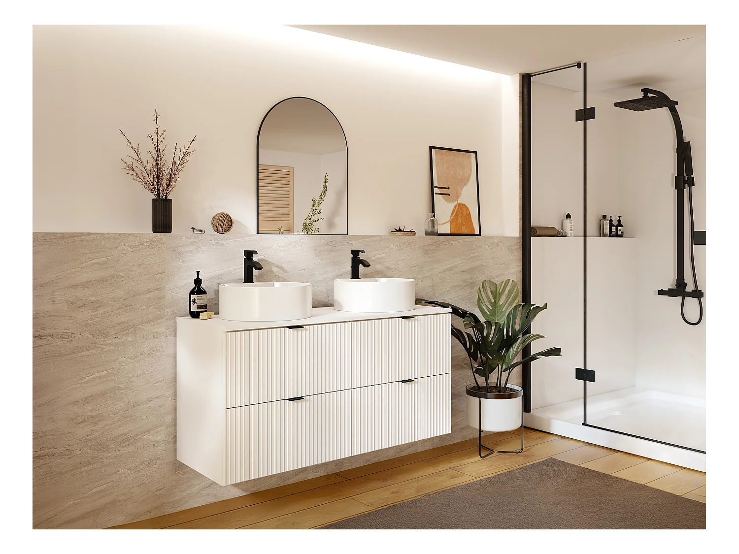 Meuble sous vasque suspendu strié avec planche - Blanc mat - 120 cm - ZEVINI