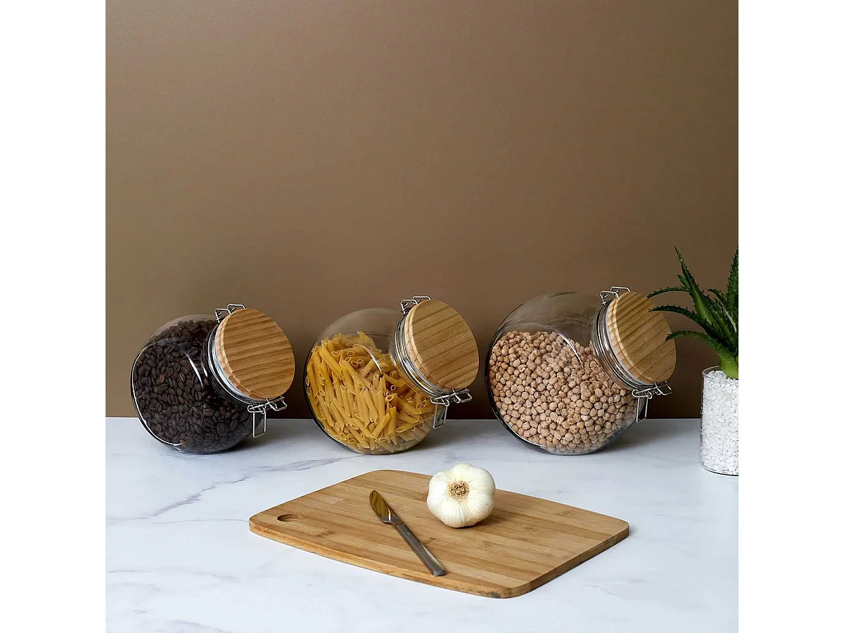 Lot de 3 Bocaux de Conservation Rond Incliné 1,3L en Verre Couvercle Bois - PLAUZ