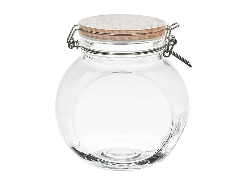 Lot de 3 Bocaux de Conservation Rond Incliné 1,3L en Verre Couvercle Bois - PLAUZ