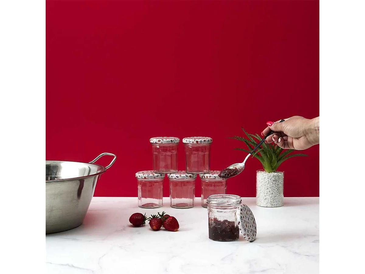 Set de 6 pots à confiture en verre 30cl avec couvercles en métal imprimé
