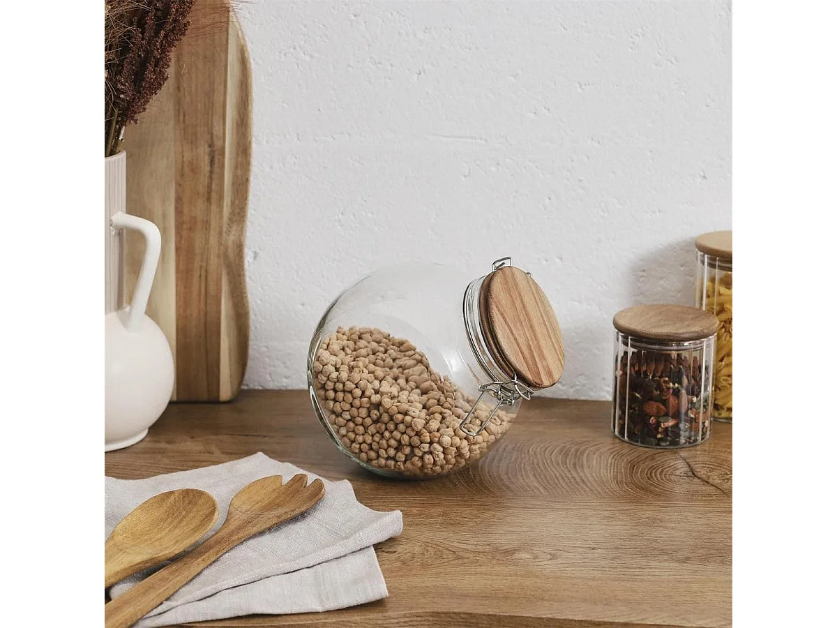 Bocal en verre à 2 positions avec bouchon en acacia - SELVA