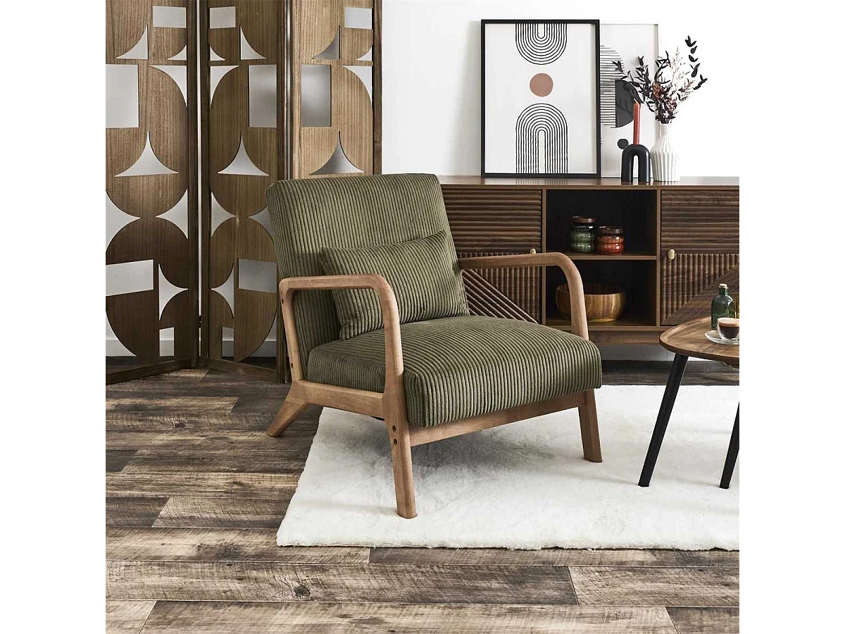 AMORY - Fauteuil en velours côtelé coloris vert pieds et accoudoirs en hévéa - AMORY