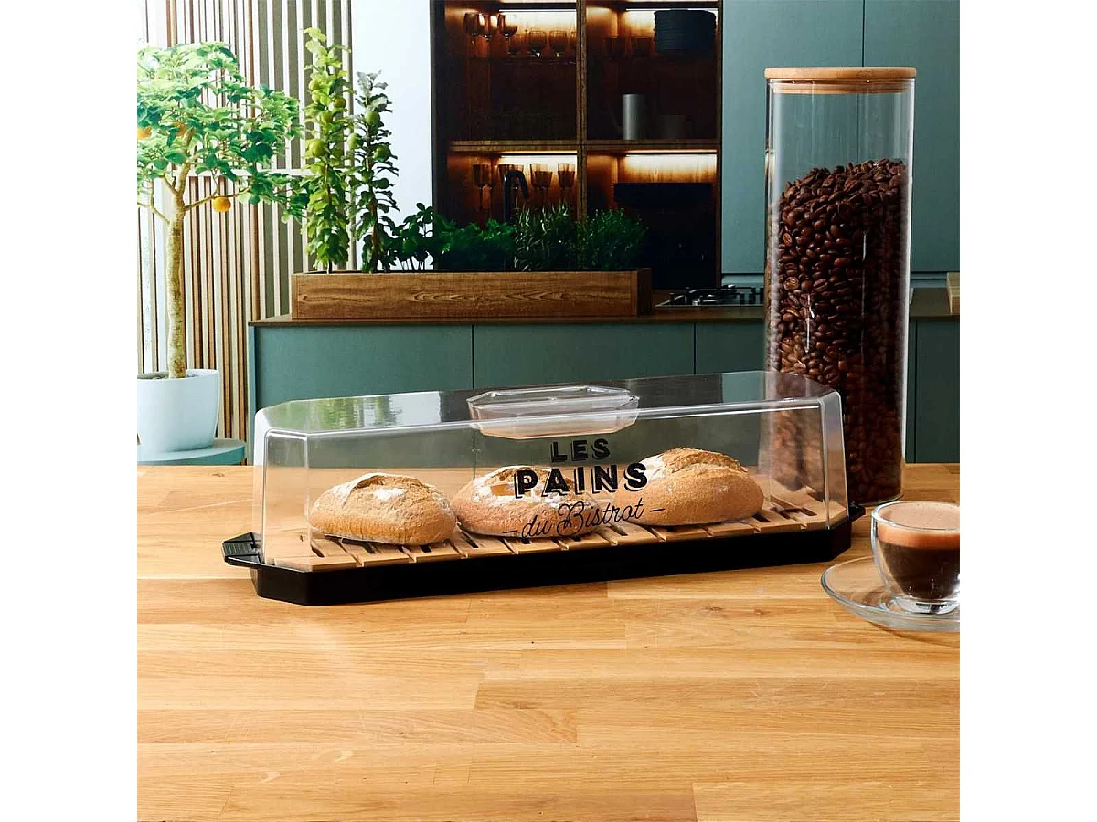 Boîte à pain en plastique avec base en bambou faisant guide de coupe