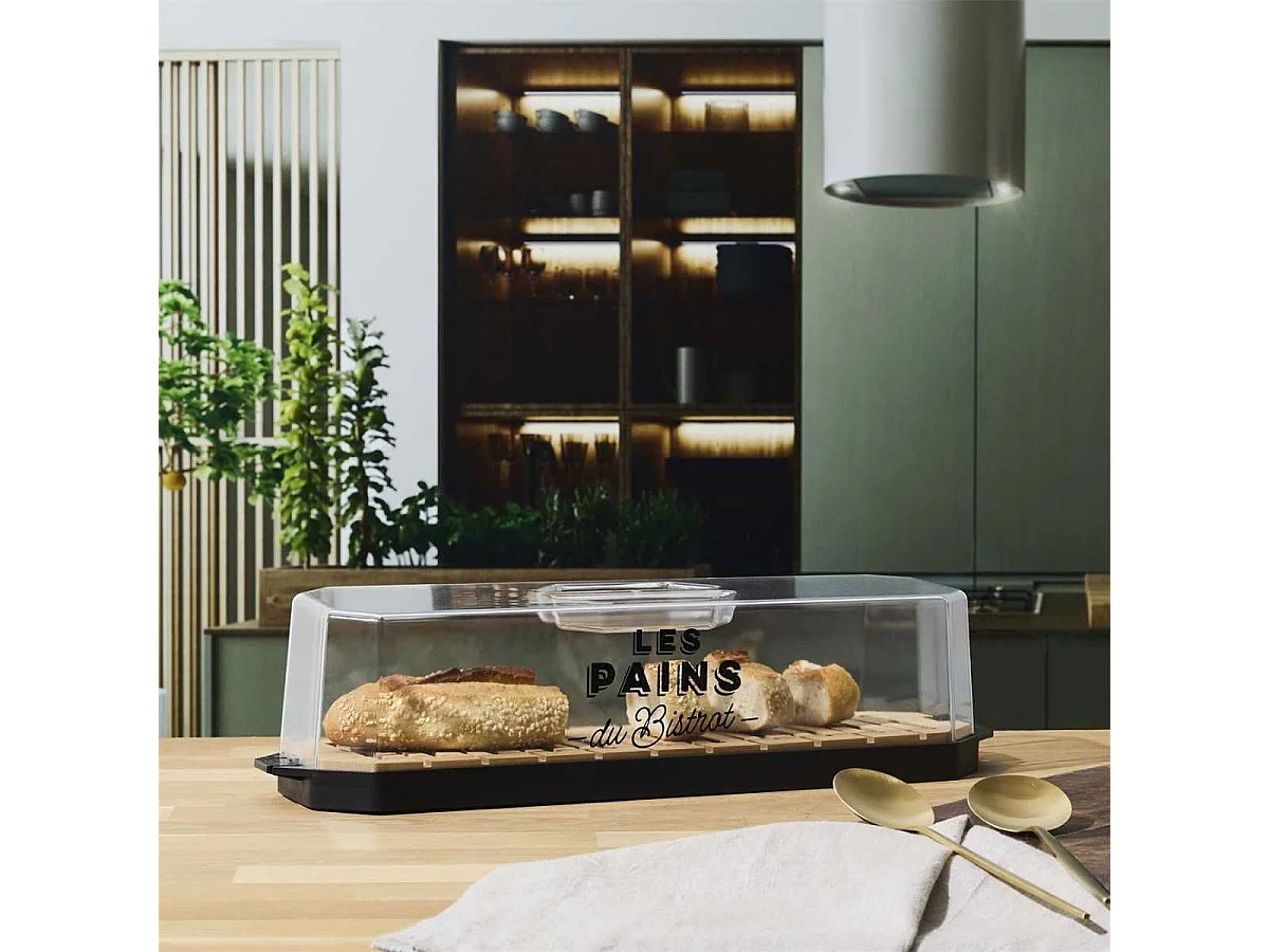 Boîte à pain en plastique avec base en bambou faisant guide de coupe