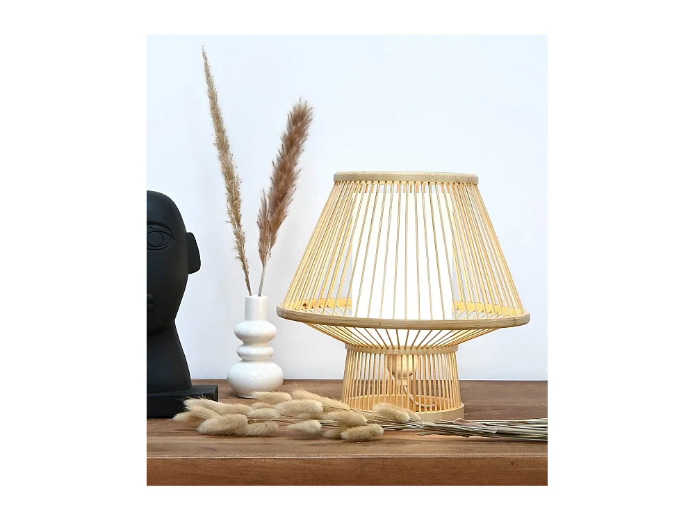 Lámpara de mesa de 30x30x30 cm de bambú natural de diseño boho en color beige Agatha