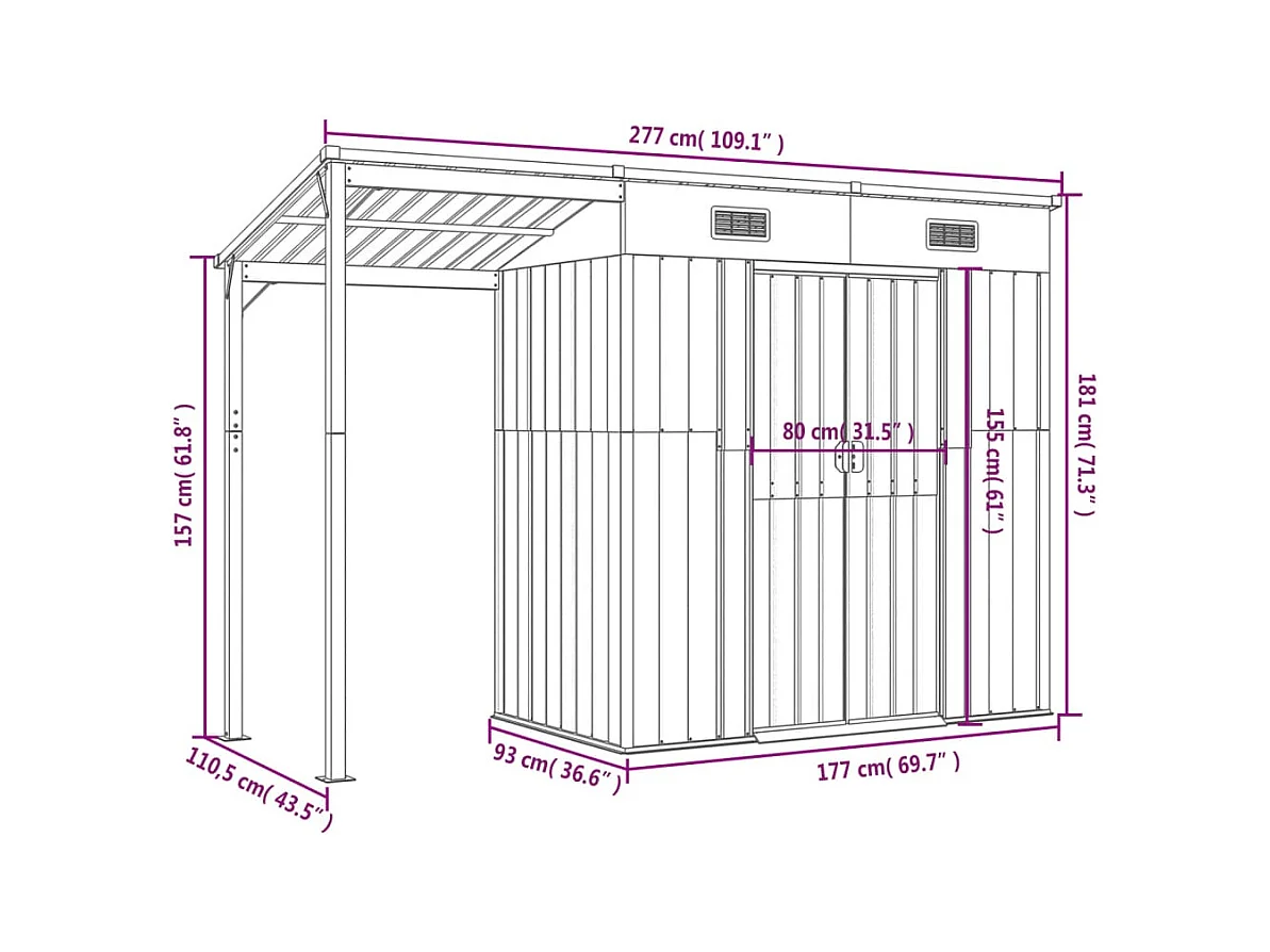 Klavs  Abri de jardin avec toit prolongé anthracite 277x107x181 cm