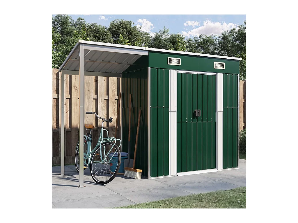 Klavs  Abri de jardin avec toit prolongé vert 277x107x181 cm acier