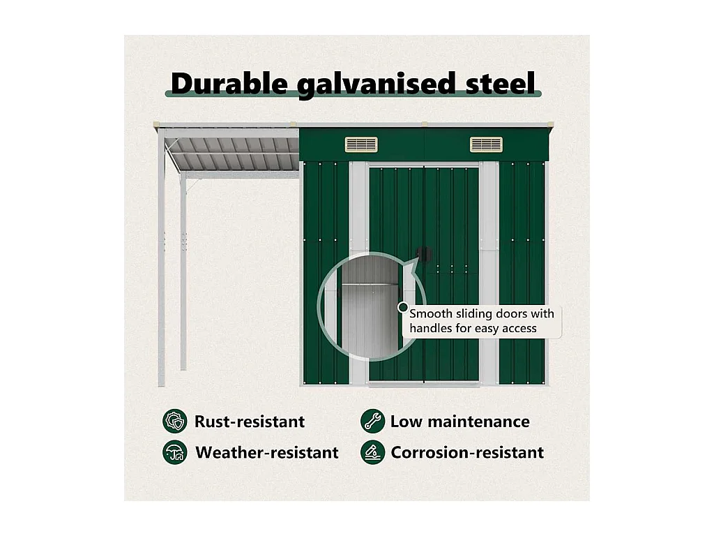 Klavs  Abri de jardin avec toit prolongé vert 277x107x181 cm acier