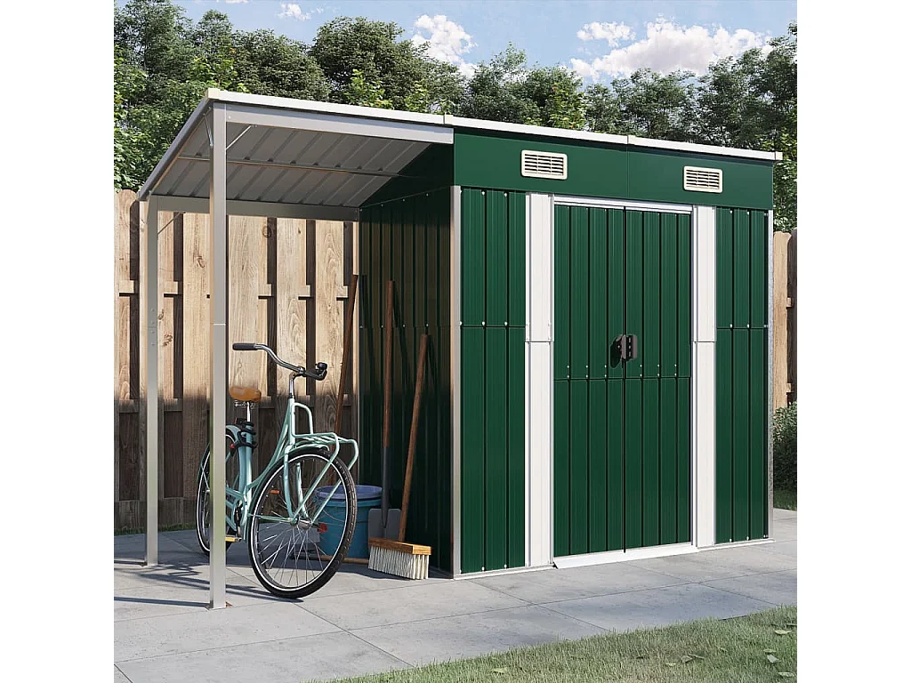 Klavs  Abri de jardin avec toit prolongé vert 277x107x181 cm acier