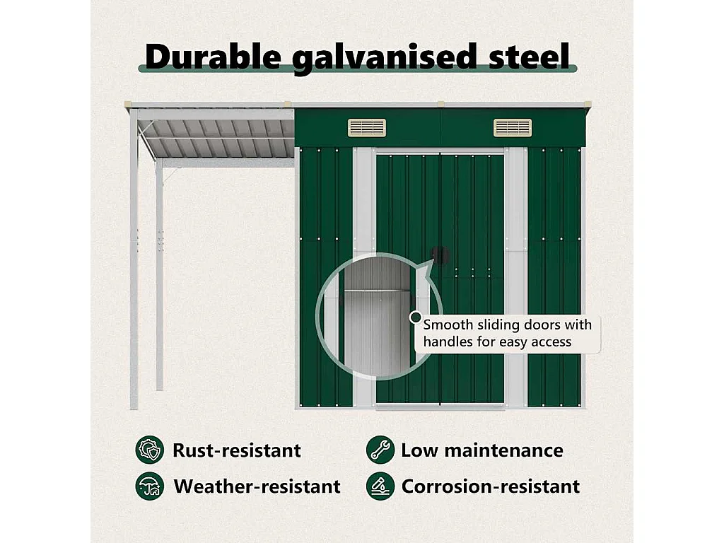 Klavs  Abri de jardin avec toit prolongé vert 277x107x181 cm acier