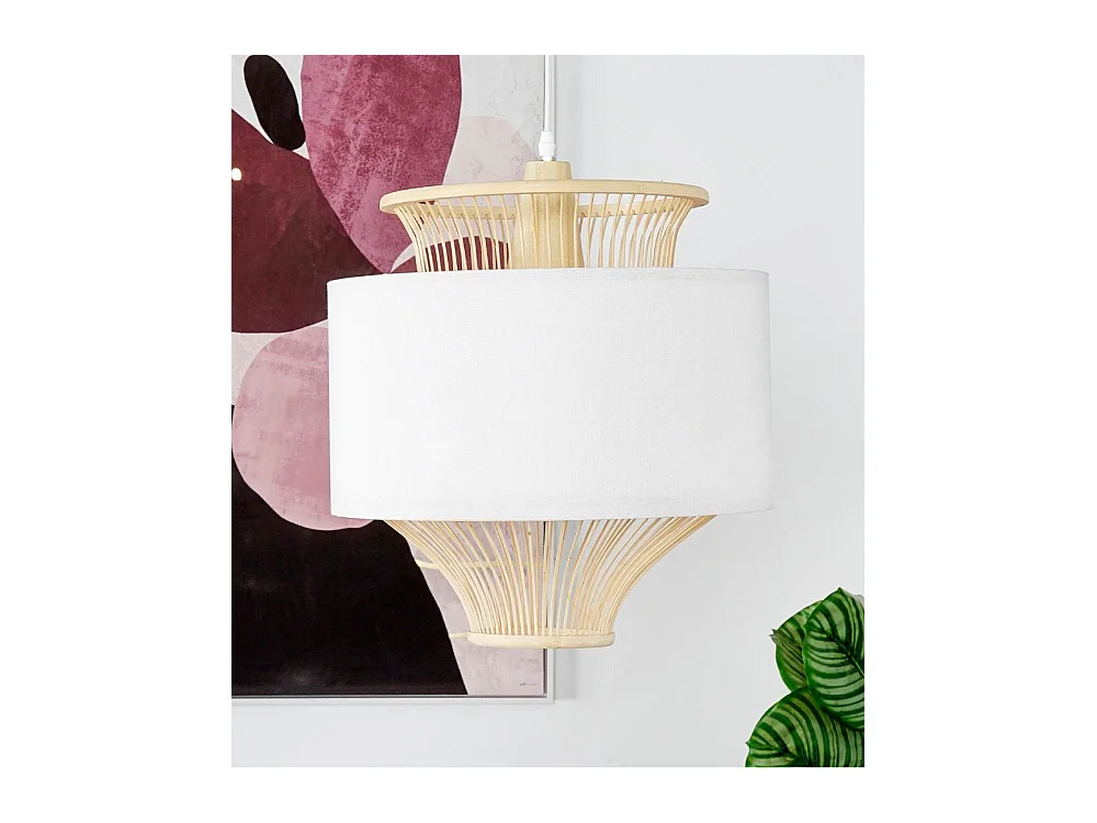 Lámpara de techo de 52x40x40 cm de bambú natural pantalla cilíndrica beige y blanco Kacey