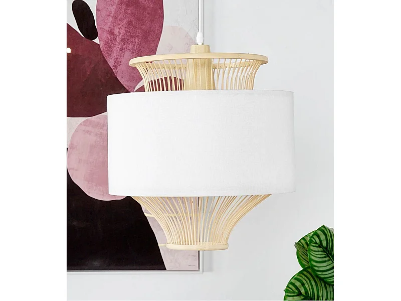 Lámpara de techo de 52x40x40 cm de bambú natural pantalla cilíndrica beige y blanco Kacey