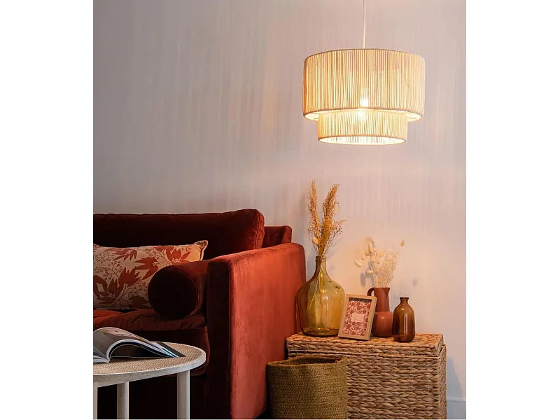 Lámpara de techo de 90x38x38 cm en ratán natural con tiras verticales en color beige Teva