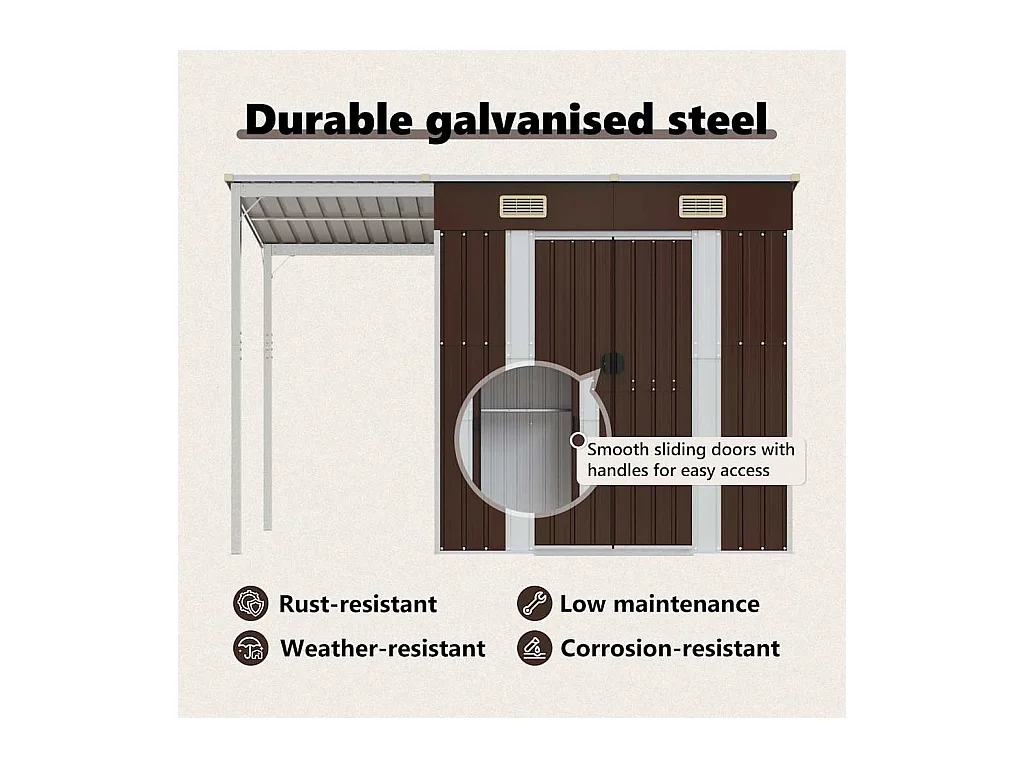 Klavs  Abri de jardin avec toit prolongé marron 277x107x181 cm acier