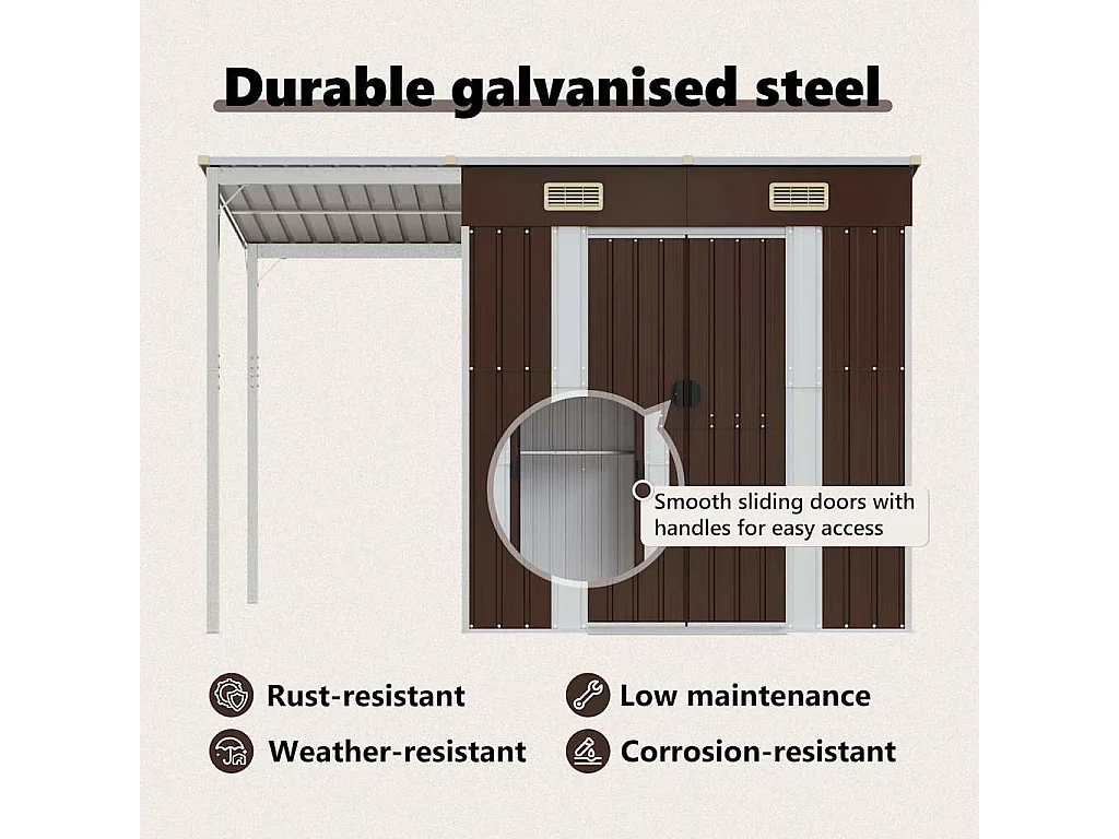 Klavs  Abri de jardin avec toit prolongé marron 277x107x181 cm acier